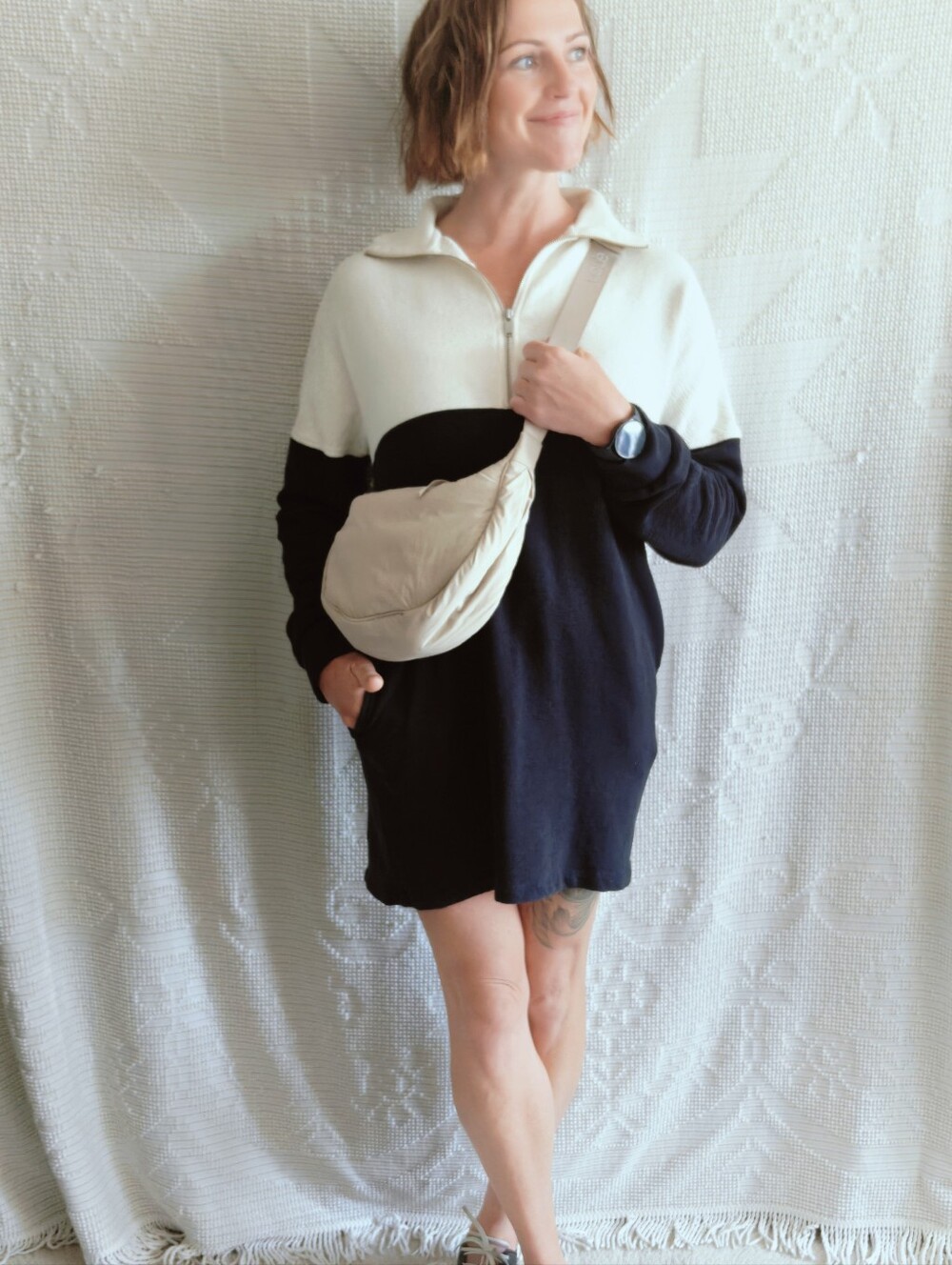 Oak + Fort Colorblock Quarter Zip Sweater Dress | Textured Cream Navy | Size S